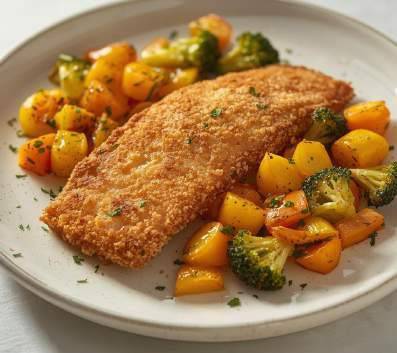Poisson pané croustillant sans friture & légumes doux