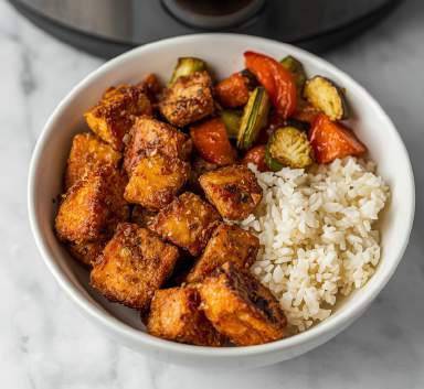 Bowl healthy poulet croustillant, riz et légumes rôtis