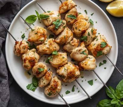 Brochettes de poulet marinées au skyr, citron & basilic